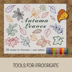 procreate stamps leaves, procreate color palette, foliages collage stamps, autumn doodle stamp, procreate leaves brushes