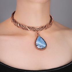 owyhee blue opal choker / wire wrapped collar necklace this pendant jewelry for lady / wire wrap art design