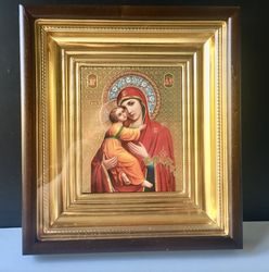 Vladimir Mother Of God | Icon In Wooden Box Covered With Glass -"kiot" undefined Gold And Silver Foiled, 10.6" X 9"