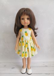 dress with bright pineapples for paola reina doll. handmade dress for paola reina.