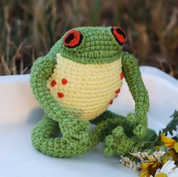 crochet frog doll , amigurumi frog with clothes , crochet animal toy