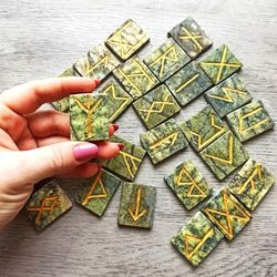 hand carved runes divination 25 rune symbols nordic magic handmade meditation natural stone serpentinite