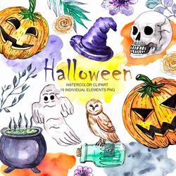 watercolor halloween clipart, halloween pumpkin, spooky halloween clipart, witch hat, skull, potion, jack o lantern