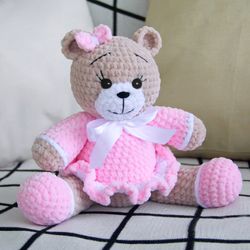 teddy bear crochet pattern, amigurumi plush baby girl toy