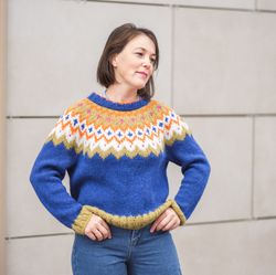 blue norweger rustic hand knitted jumper