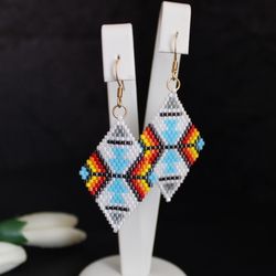 white native american beaded earrings geometric shape earrings handmade, gift for wife