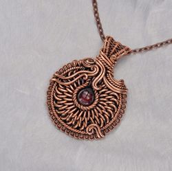 wire wrapped copper pendant necklace / natural garnet / gift for her handmade / unique wire wrap copper jewelry