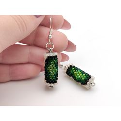 beaded tube earrings, dainty green earrings, small seed bead earrings