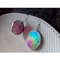iridescent stained glass earrings, dichroic earrings, duochrome earrings, round stained glass