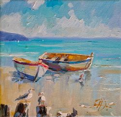 seascape painting oil canvas small artwork 8 / 8 inches original painting sailboat on beach by natalena