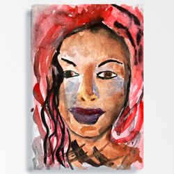 black girl painting watercolor original female portrait contemporary portrait african american woman wall art