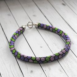 fancy seed bead necklace, statement choker necklace, short lilac dressy necklace, handmade crochet bead necklace