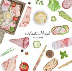 watercolor charcuteri clipart. sausage and meat plate clipart