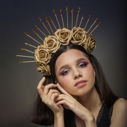 gold flower woman adult crown gold halo headpiece sun goddess headpiece maternity photoshoot birthday festival