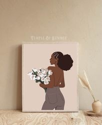 black woman with white tulips, printable poster