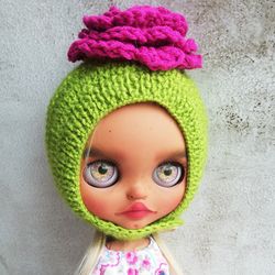 blythe hat crochet helmet green with pink rose flower for custom blythe halloween outfit blythe doll clothes cute hat