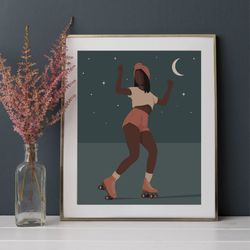 black woman roller skating at night, printable poster