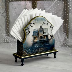 blue stand for square napkins, napkin holder for table old house
