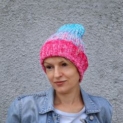 merino wool hat, autumn winter beanie, pink blue women hat, hand dyed warm hat