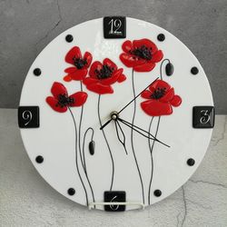 wall glass clock with red poppies - fused home decor - round silent wall clock