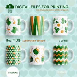 st patricks day mug bundle, 11oz mug sublimation designs with trefoils, coins, horseshoes png jpeg digital download