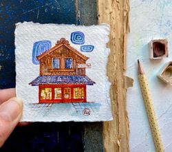 japanese painting original art shop watercolor mini wall art painting of house by rubinova