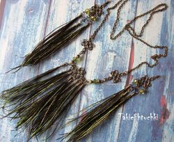 set earrings and necklace bronze alloy with peacock feathers and acril beads in  boho styles, vintage business casual bi