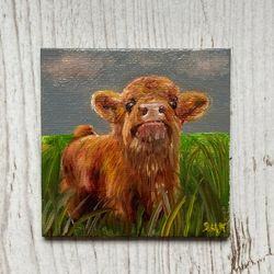 cow oil painting on canvas magnet, original small canvas magnet, calf oil art, hand painted magnet, calf painting