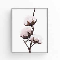 cotton printable, brown beige decor, cotton flower watercolor, cotton bolls print, floral wall art | digital download