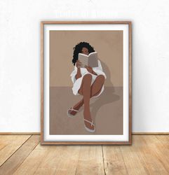 black woman reading book, boho printable wall art, book lover gift