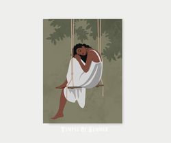 black woman art, printable wall art in boho style, dreamy girl on a swing