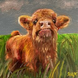 set of 2 cow magnets, oil painting on canvas magnet, original small canvas magnet, calf oil art, hand painted magnet