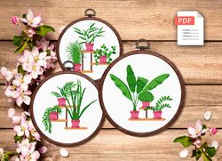 set of 3 potted flowers cross stitch pattern, flower cross stitch, embroidery potted flowers