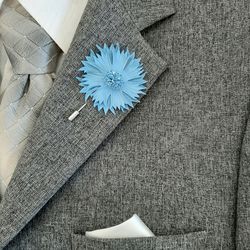 blue cornflower men's lapel pin leather boutonniere for him 3rd anniversary gift