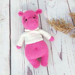 stuffed toy pink hippo in a sweater, plush toy for a girl, handmade stuffed hippo