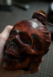 leather bottle skull, glass bottle, leather craft horror, biker style, halloween gift