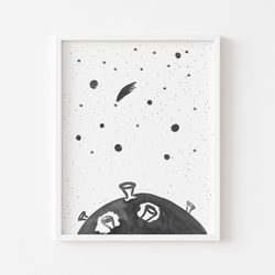 planet art nursery print, simple space poster, cute moon print, monochrome, nursery wall art, digital download, a4, 8x10