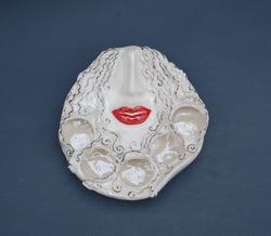 ceramic lipstick holder, face porcelain figurine ,white red ,make up organizer, lips decorative figurine, porcelain art