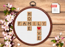 home love family cross stitch pattern, scrabble cross stitch pattern, embroidery scrabble, love xstitch