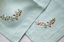 hand embroidered linen napkins, floral cloth napkins, mint cloth napkins, small napkins embroidered 12"