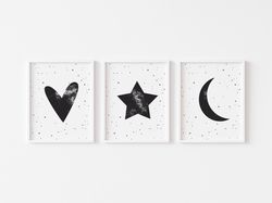 set of 3 monochrome nursery prints, simple baby posters, moon, star, heart, nursery wall art, so cute baby gift