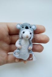 needle felted mouse in a koala hat