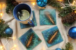 unique drink square coaster set of 6. christmas table epoxy resin coasters.