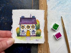 Garden house painting Original art Small watercolor Mini artwork by Rubinova