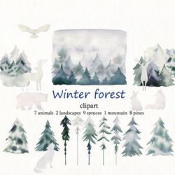 watercolor winter, forest clipart, watercolor trees, winter forest landscape, pine, spruce, digital clipart, mountain.