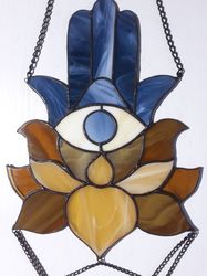 stained glass hamsa hand suncatcher, ancient good luck lotus symbol, window hanging jewish decor, hanukkah gift