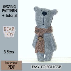 bear toy sewing pattern, easy pdf stuffed animal pattern, how to sew primitive toy bear e-pattern