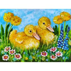 ducklings painting two birds original art dandelions oil art couple bird wall art child 6 by 8" by paintingsdollsbyzoe