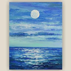 seascape painting original art moonlit night artwork ocean oil painting full moon night wall art