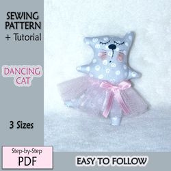 sewing pattern pdf, dancing cat pattern, stuffed animal pattern, primitive toy cat e-pattern, easy to follow diy pattern